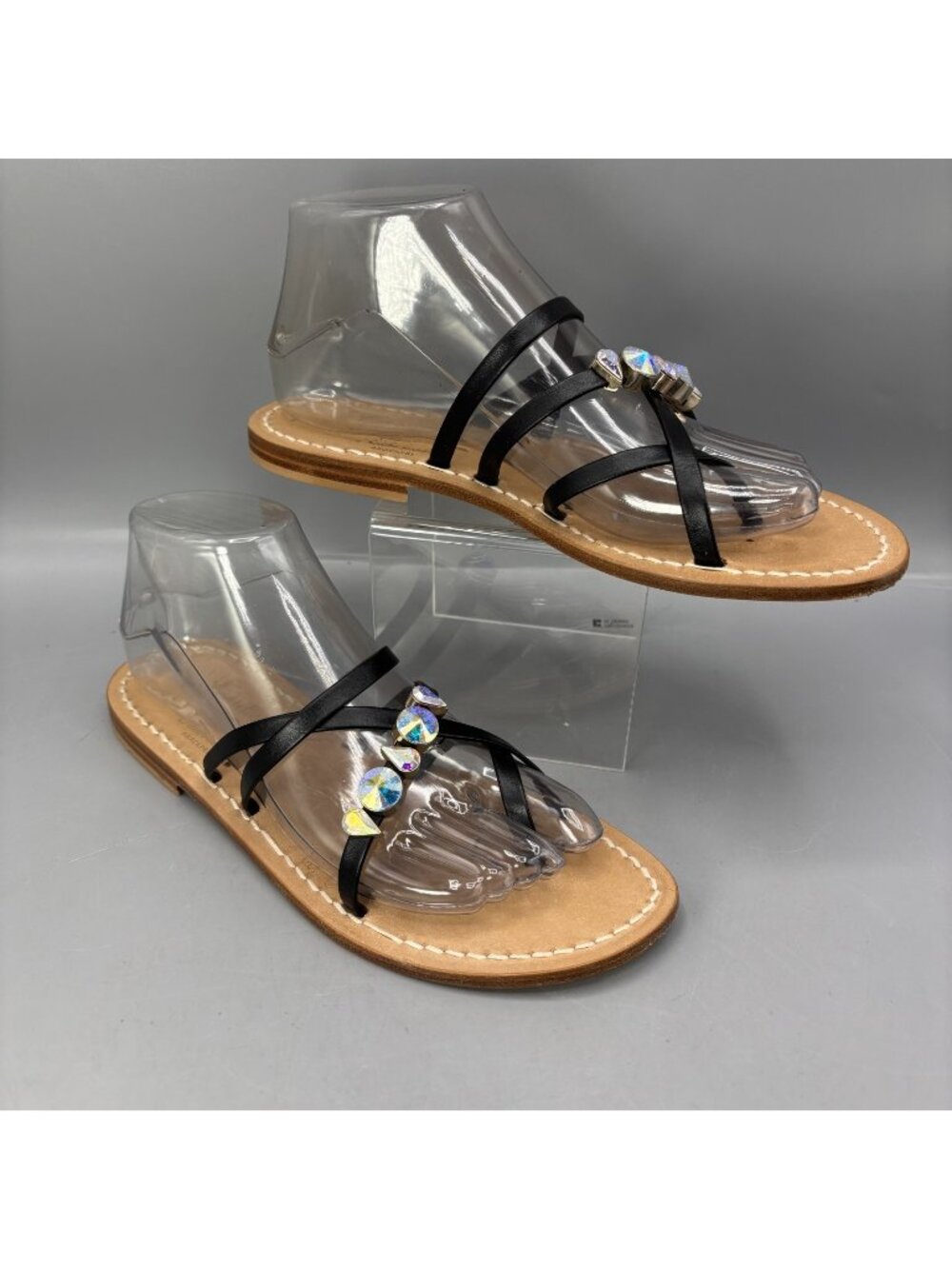 Capritouch Strappy Shoes Womens 9 Black Embellished Flat Crystals Casual Slip On